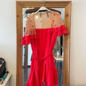 For Love & Lemons Red Mesh Shoulders Rosettes Wrap Mini Dress